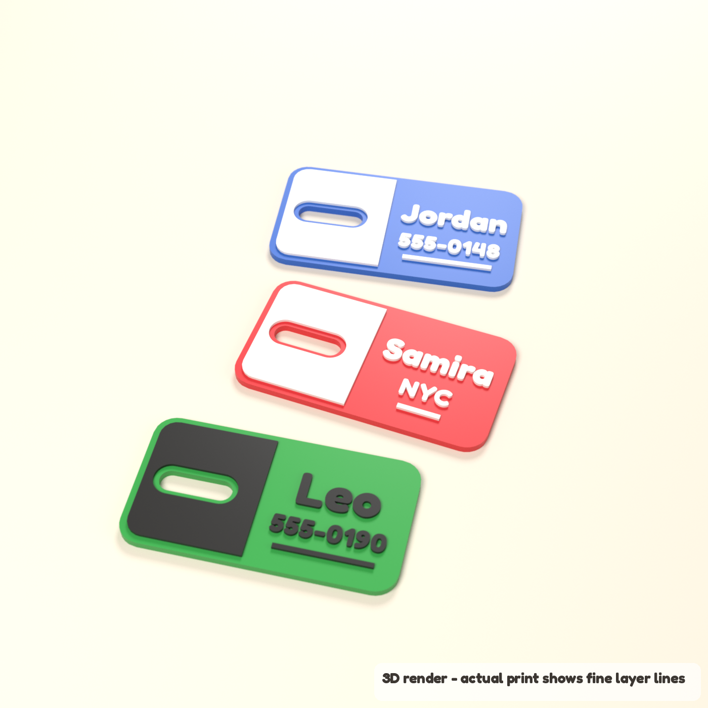 Personalized Luggage Tag - Name and Phone (3D render of the print file)