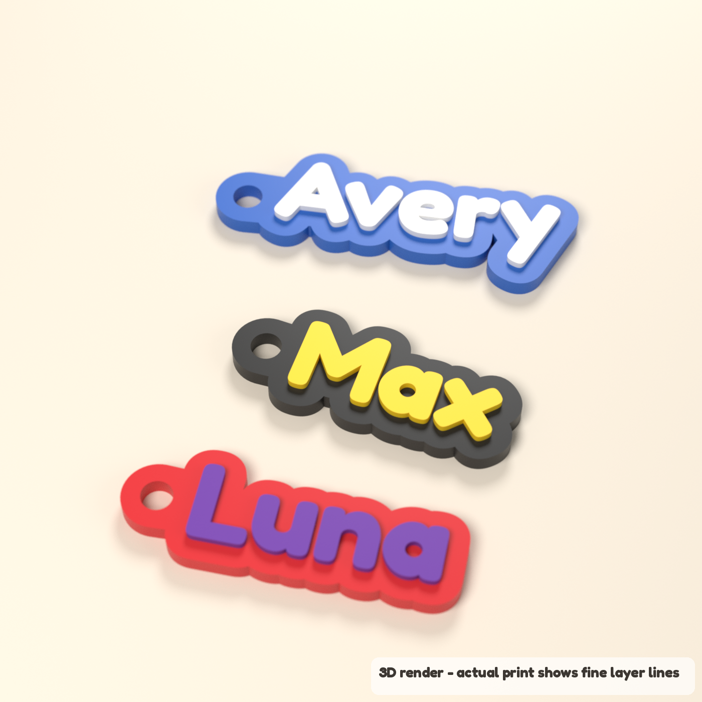Custom Name Keychain - Two-Color Bubble Letters (3D render of the print file)